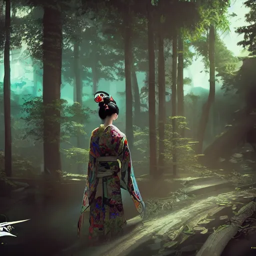 Prompt: cyberpunk geisha in japanese forest, epic, ultra detail, ultra realistic, photorealistic, 4k, god rays, highly detailed, full body, ornate, cinematic lighting, trending on artstation, hyperrealistic, focused, high details, unreal engine 5, cinematic