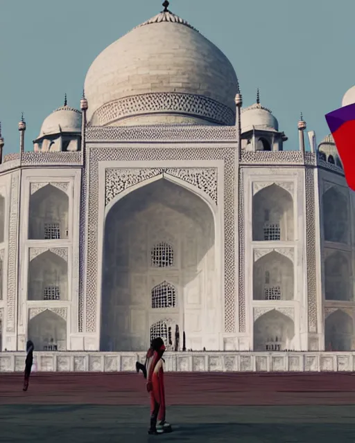 Image similar to gay pride!!!! at taj mahal. high quality photorealistic octane render 4 k, hyperrealism, volumetric fog, serious, cgstation, symmetric