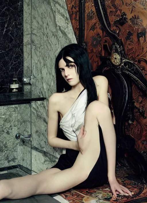 Image similar to a 1 6 year old girl eveline from resident evil 7 with straight long black hair wearing black dress that sitting on bathroom floor, photo for vogue, model エリサヘス s from acquamodels, art by artgem, greg rutkowski and alphonse mucha