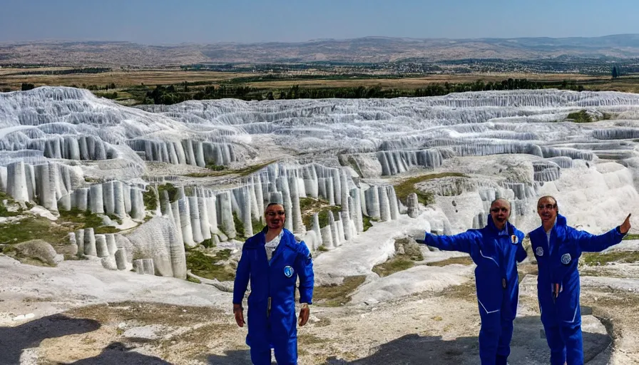 Image similar to a lush pamukkale high - tech city landscape with gold beautiful temples and royal blue mage wearing a space suit wondering around the luxurious street