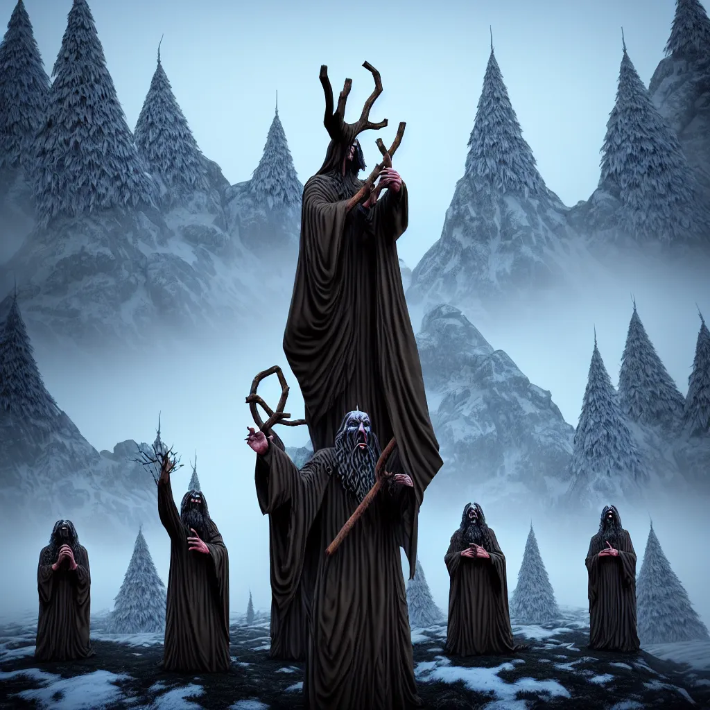 Prompt: evil druids performing a ritual, wooden statue, snowy mountain background, a detailed matte painting, fantasy, foggy, grim, dark