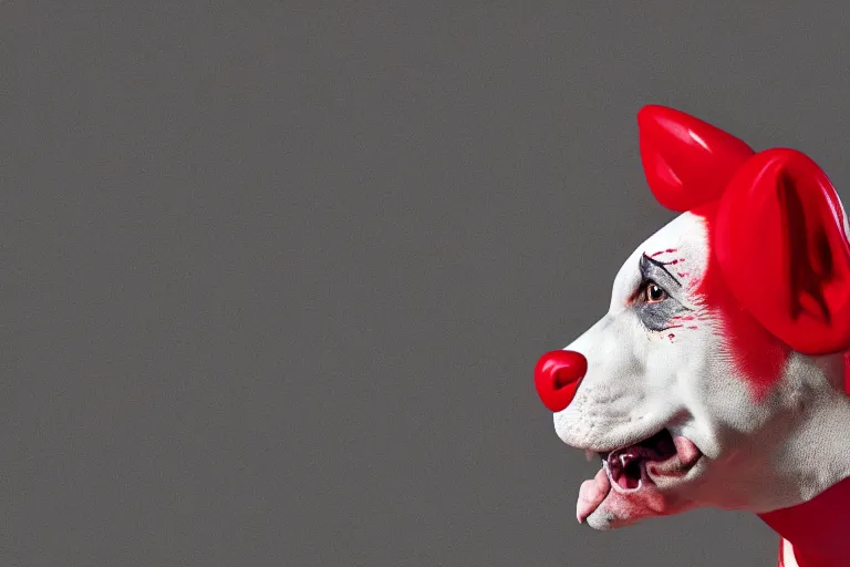 Image similar to side profile profile of a snarling pit bull wearing clown makeup and a red rubber nose, 4 k, hdr color