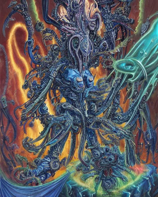 Image similar to silver mechanical charred bloody fleshmetal obliterator cyborg daemonhost woman wearing robes, psychedelic flamer of tzeentch with extra arms gunner, blue and green rainbow fire, by antonio j. manzanedo, alex grey, android jones, wayne barlowe, philippe druillet, josephine wall, harumi hironaka, cronenburg, trending on artstation