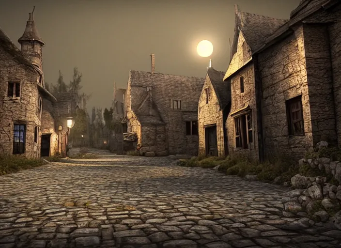 Image similar to medieval vampire village, moon light, gas lighting, stone roads, digital art, unreal engine