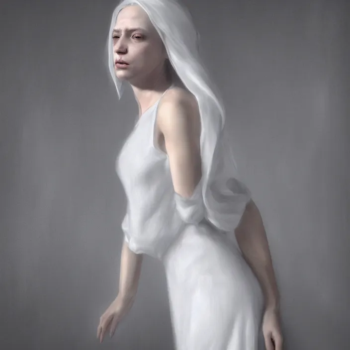 Image similar to a wonderful realistic portrait of a lonely woman who is dressed with a wonderful, majestic, large semi transparent white cotton dress, accent white lighting, dramatic light, octane render by roberto ferri, fantasy art, photo realistic, dynamic lighting, unreal engine rendered, artstation, poster, dramatic light, - 8 k, award winning