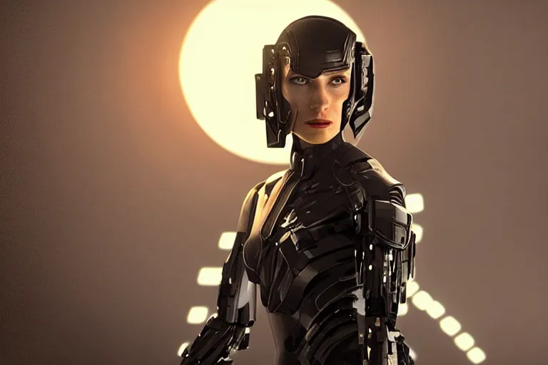 Prompt: VFX movie closeup portrait of a futuristic hero cyborg woman in black spandex armor in future city, hero pose, beautiful skin, night lighting by Emmanuel Lubezki