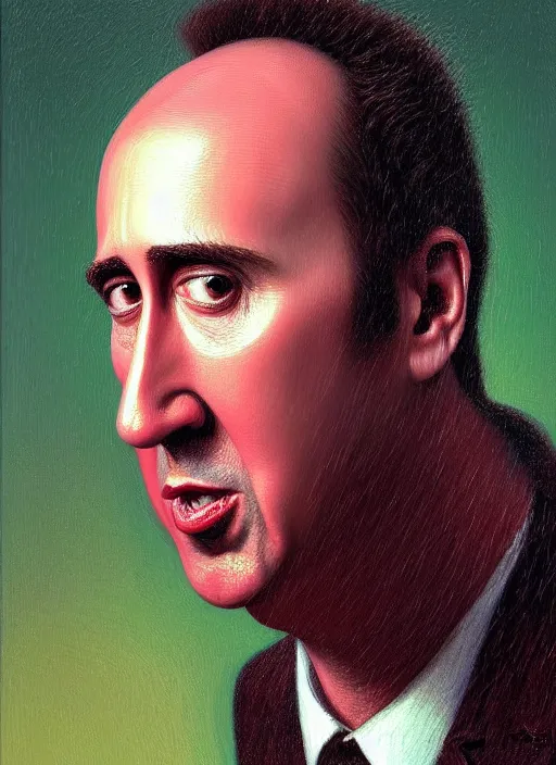 Image similar to hyper detailed 3d render like an Oil painting - Portrait of nicholas cage as an anthropomorphic pickle by Jacek Yerka, Mariusz Lewandowski, Houdini algorithmic generative render, Abstract brush strokes, Masterpiece, Edward Hopper and James Gilleard, Zdzislaw Beksinski, Mark Ryden, Wolfgang Lettl, hints of Yayoi Kasuma, octane render, 8k