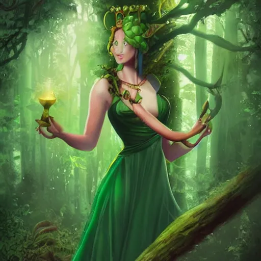 Image similar to a green genie ready to grant your wish deep in the forest, fantasy illustration