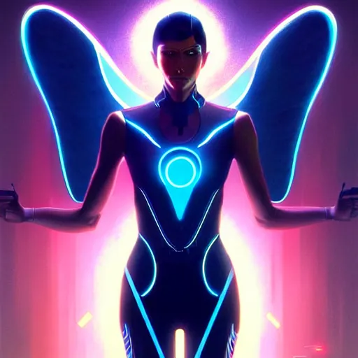 Image similar to tron legacy angel, diffuse lighting, hyper realistic, elegant, concept art, intricate, hyper detailed, smooth, sharp focus, illustration, trending on artstation, art by greg rutkowski and james gurney and alphonse mucha