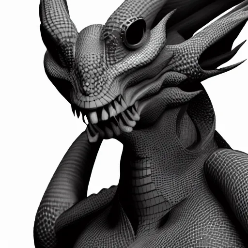 Prompt: a black and white 3D render of a beautiful profile face portrait of a female dragon-cyborg