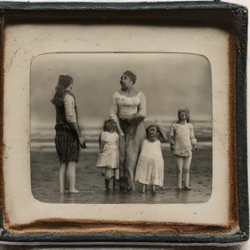 Prompt: a faded and blurred wet plate collodion photo of a Victorian seaside scene, twin girls and an older brother paddle in the lapping waves, watched by their nanny standing on the beach
