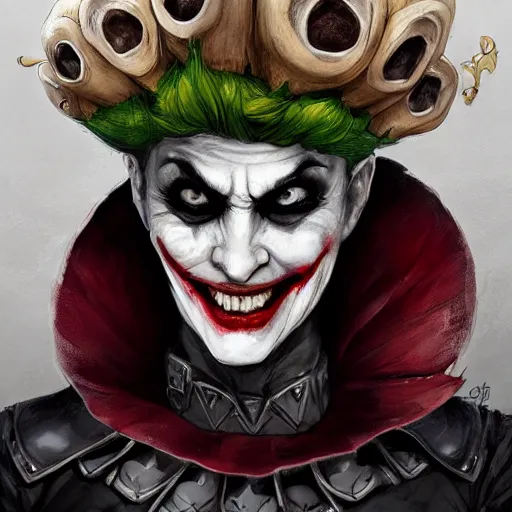 Image similar to joker as an attractive mature smiling woman wearing a mushroom crown and heavy armoured wedding dress, face portrait, hd shot, digital portrait, elegant, beautiful, fantasy art, artstation, comic style, by artgerm, guy denning, jakub rozalski, magali villeneuve and charlie bowater