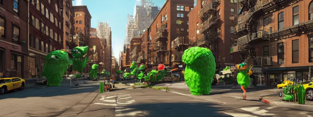 Prompt: realistic new york city street brooklyn, with large short green pipes from super mario scattered on the buildings and on the road, sunny day, concept art on artstation, hyperdetailed, vray render, octane render,