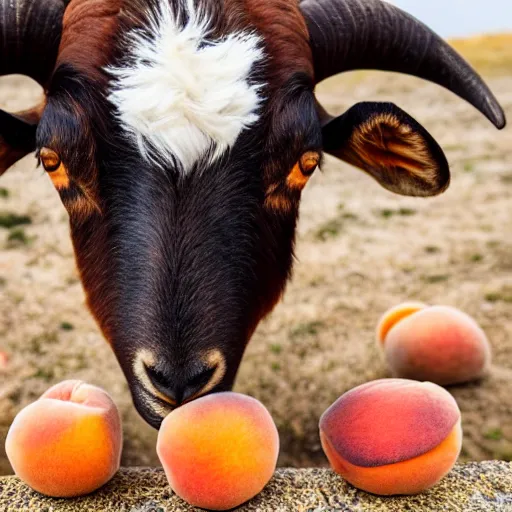 Image similar to a goat with peaches stuck on its horns, 8 k, 4 k, professional photography, award winning photo