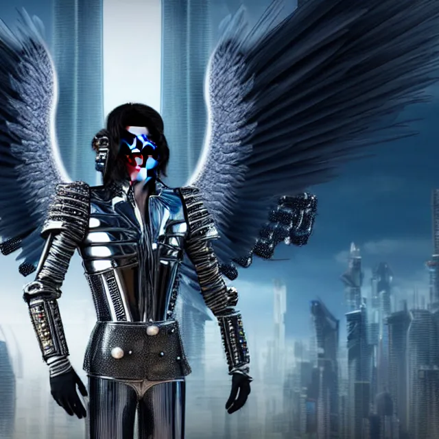 Image similar to beautiful!! futuristic cyberpunk michael jackson angel warrior with ornate slick pearl armor, highly detailed 8 k hdr smooth sharp focus high resolution award - winning photo photorealistic