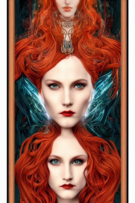 Image similar to art nouveau goddess face and red hair : : horror : : framed in art nouveau scroll work : : perfect female face : : vfx, postprocessing, cgsociety, 8 k, high resolution, enhanced 8 k render, sharp details, hyperrealistic, cinematic, moody, insane details, high resolution, movie concept art