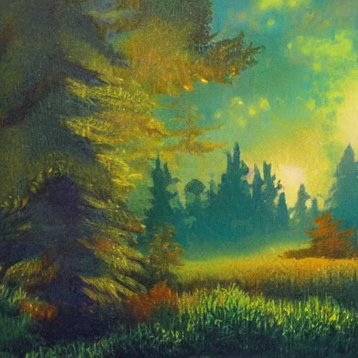 Prompt: A forest landscape with a prefectly diffuse cube in the middle of the painting, by bob ross