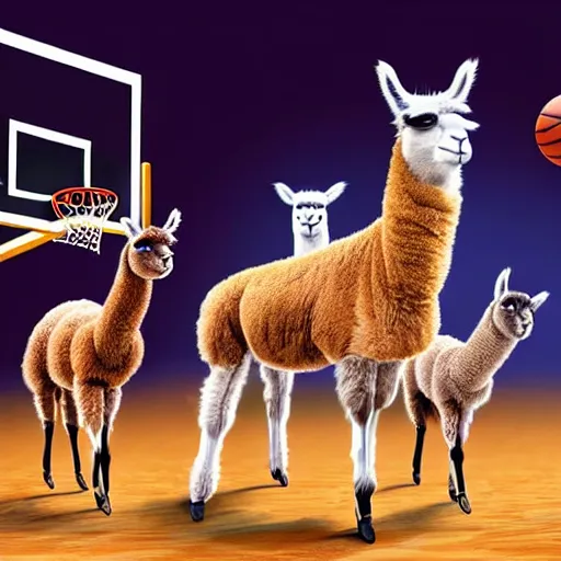 Prompt: picture of llamas playing basketball, 4 k, high resolution