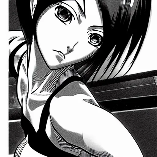 Image similar to alita by yukito kishiro. medium shot. black and white manga. pencil drawing. high detailed face