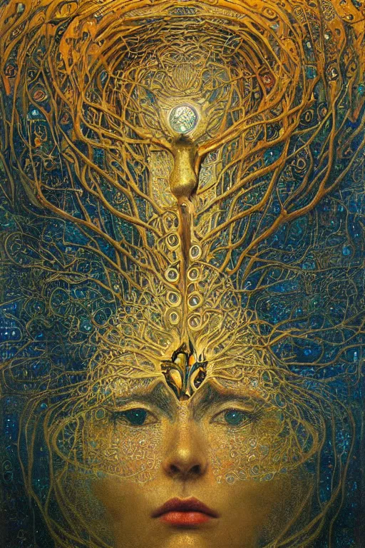 Prompt: Tree of Life by Karol Bak, Jean Deville, Gustav Klimt, and Vincent Van Gogh, mysterious portrait of sacred geometry, Surreality, radiant halo, otherworldly, enigma, fractal structures, celestial, arcane, ornate gilded medieval icon, third eye, spirals