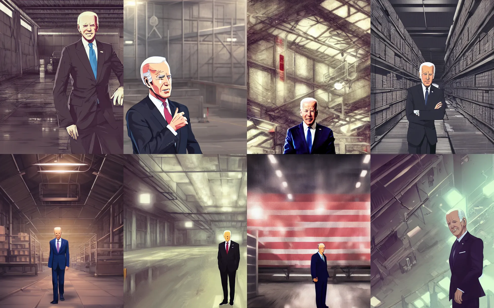 Prompt: Digital presidential, anime art by WLOP and Mobius, Joe Biden, serious expression, [empty warehouse] background, highly detailed, spotlight