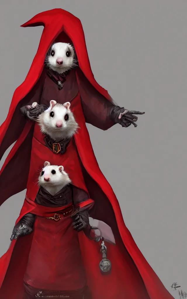 Image similar to a anthropomorphic ferret is a dark warlock dressed red robes, he's very menacing and evil, hyperdetailed, artstation, cgsociety, 8 k