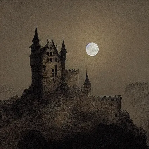 Prompt: highly detailed, silhouette of a castle on misty mountains, beautiful, calm, full moon, rembrandt painting