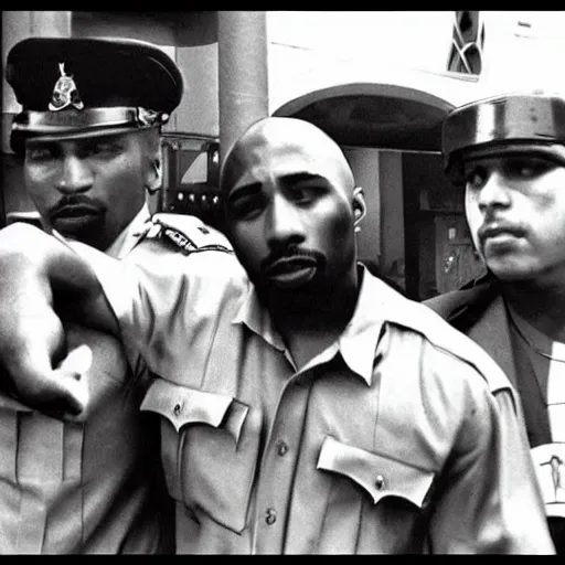 Image similar to photo of 2 pac arresting 2 pac, there is an officer that looks like 2 pac arresting that 2 pac. 2 pac can be seen in the background overlooking the situation.