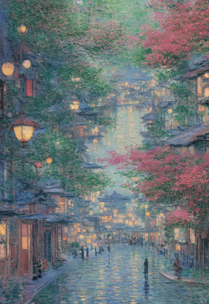 Prompt: a beautiful japanese city near the sea, amazing ryokans and gorgeous edo era houses, epic cyberpunk, lofi vibe, colorful, vivide colors, amazing light, really beautiful nature, oil painting in impressionist style, by jeremy lipkin, by claude monet, by makoto shinkai, multiple brush strokes, inspired by ghibli, masterpiece, beautiful