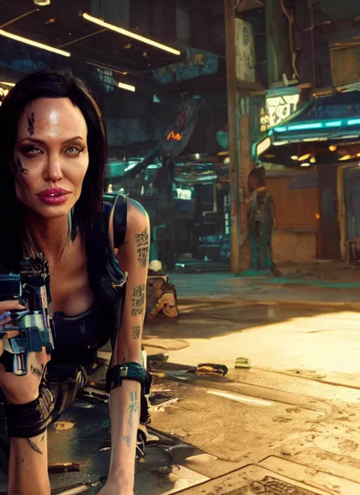 Image similar to film still of Angelina Jolie as Johnny Silverhand in Cyberpunk 2077, gameplay, 8k, HD