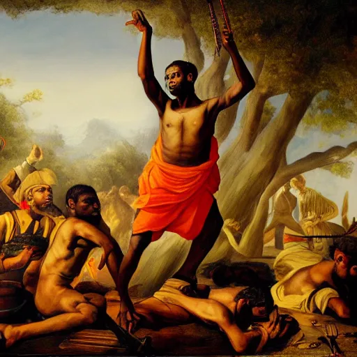 Image similar to Tula, the man leading an indentured slave revolution, Tula the king of indentured slaves freeing everybody, realistic painting, dark background, painting from 1746, high quality.