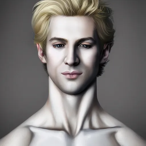 Prompt: A pregnant blond androgynous prince with closed eyes smiling, very detailed sharp angular pale white masculine face, (12x) extremely pale white skin, hooked nose and square jaw long fluffy curly blond hair, light blond hair, gorgeous, beautiful, intricate, highly detailed, digital painting, artstation, concept art, sharp focus, illustration, art by greg rutkowski and alphonse mucha