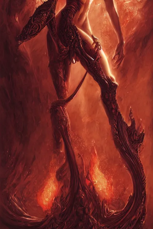 Image similar to portrait of a lithe stunningly beautiful red headed ifrit genie - kin paladin, female, upper body, fantasy, intricate, elegant, highly detailed, digital painting, artstation, concept art, sharp focus, illustration, art by luis royo, wayne barlowe, kirsi salonen, asya yoranova and alan lee