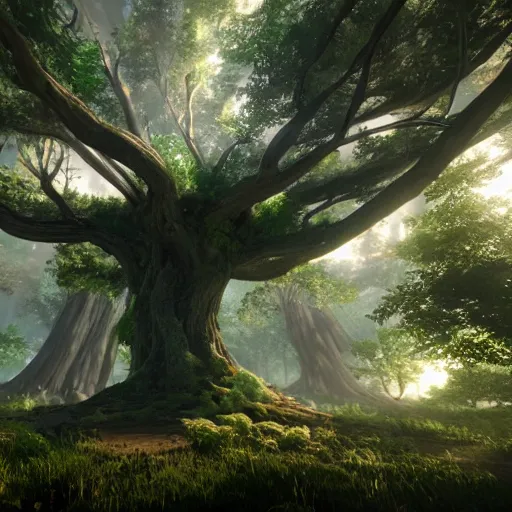 Image similar to yggdrasil the world tree, magical, light background, 8 k, unreal engine, octane render, hyperrealistic