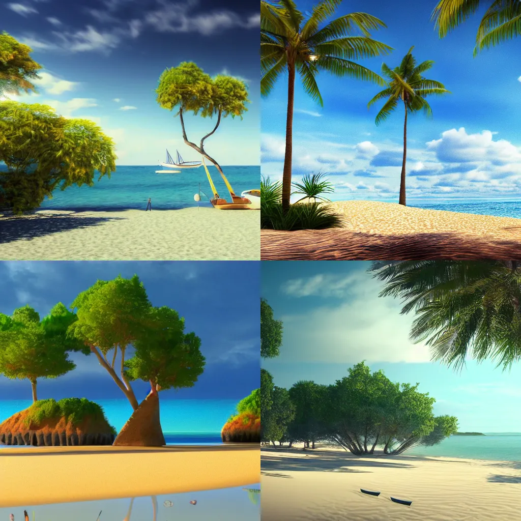A Wonderful Beach Landscape With Trees And Boats Stable Diffusion 