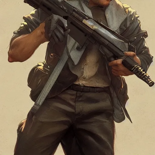 Image similar to mustle manly man holding a gun, elegant, dynamic pose, highly detailed, digital painting, artstation, concept art, matte, sharp focus, illustration, art by Artgerm and Greg Rutkowski and Alphonse Mucha