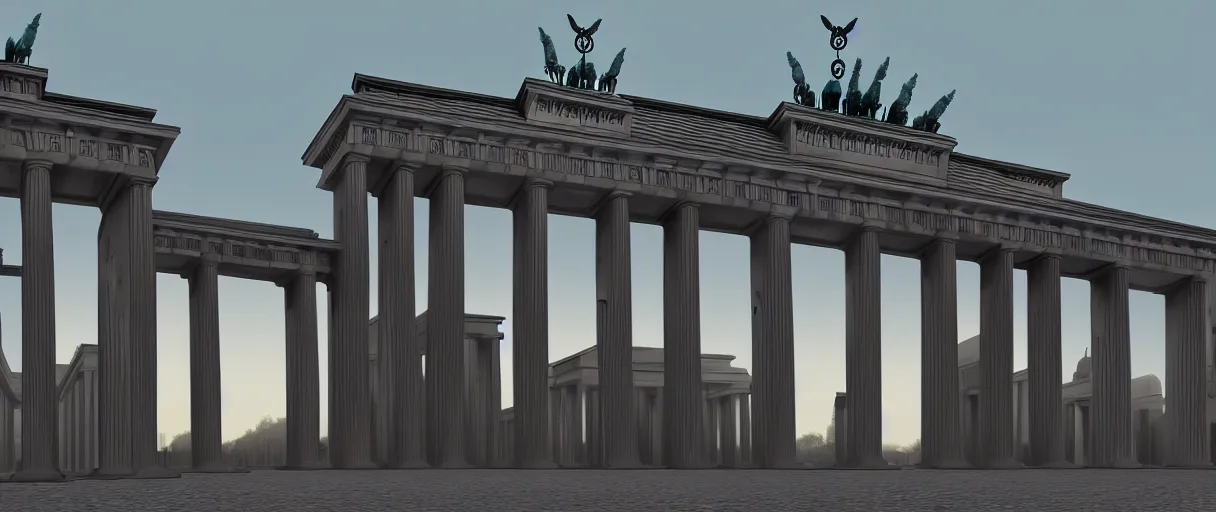 Prompt: dystopian brandenburg gate Germany, futuristic digital painting, concept art, skyline in back, in the style of Ralph Mcquarrie, warm lighting, volumetric lighting, trending on artstation, high detail, sci fi, bright colours, vivid colours