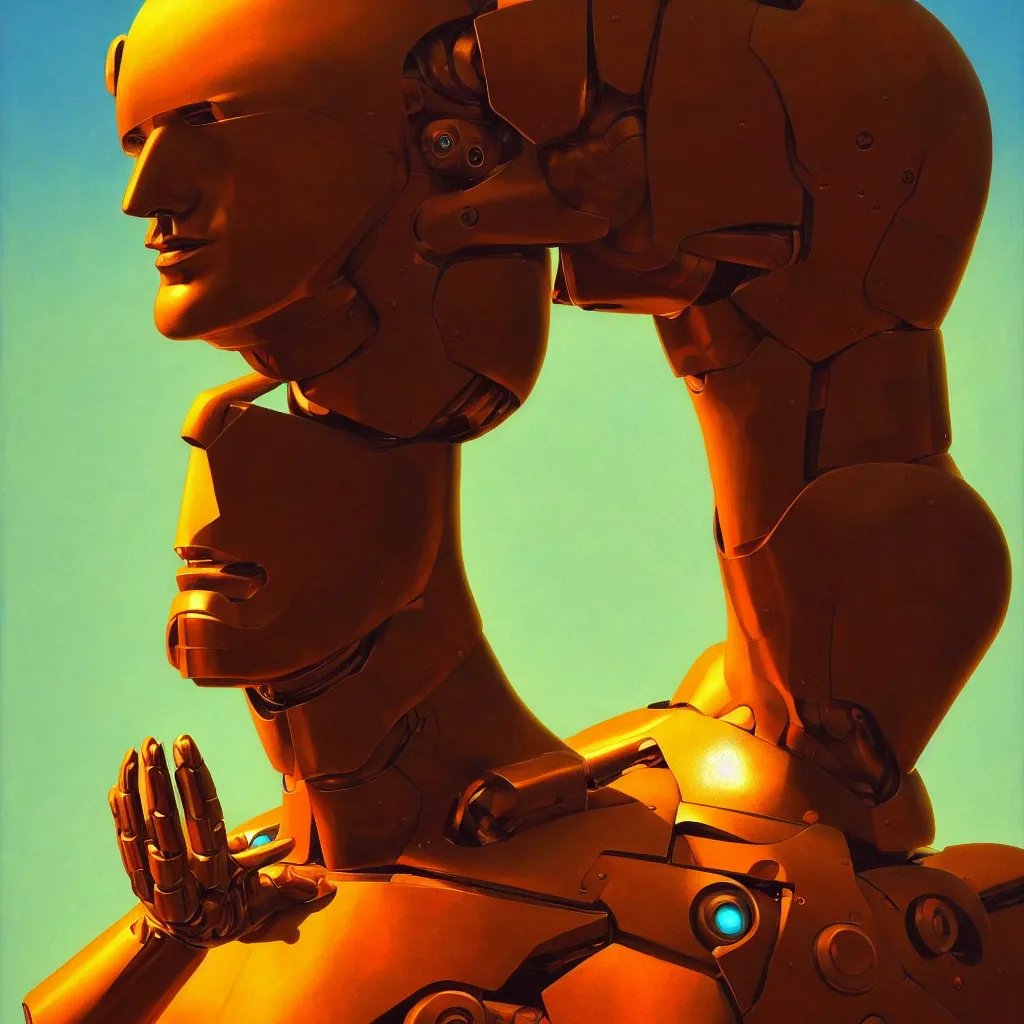 Image similar to cinematic bust portrait of psychedelic god robot from left, head and chest only, robotic improvements, part of Moebius, part of maxfield parrish, part of Thomas Ehretsmann,, oil on canvas, masterpiece, trending on artstation, cinematic composition, dramatic pose, beautiful lighting, sharp, details, hyper-detailed, volumetric lighting 4K