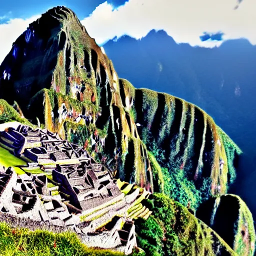 Prompt: an ancient Aztec strategic bomber flies low over Maccu Picchu, realistic digital photo, South American mountains, aircraft made of stone