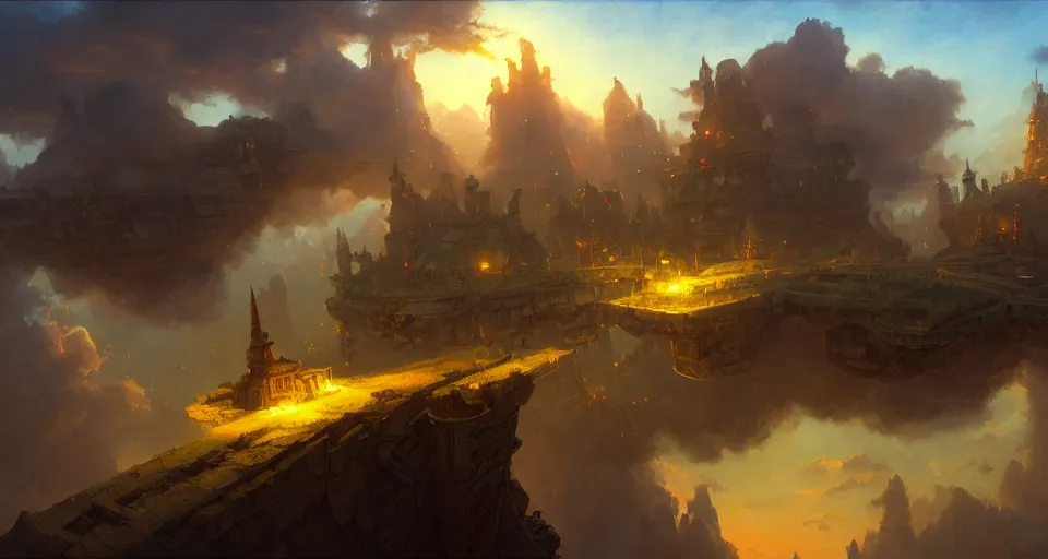 Prompt: landscape an fantasy town in the sky and an sky - ship flying towards it, andreas rocha