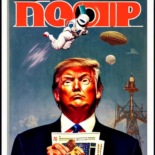 Prompt: old magazine cover with donald trump astronaut hero by norman rockwell