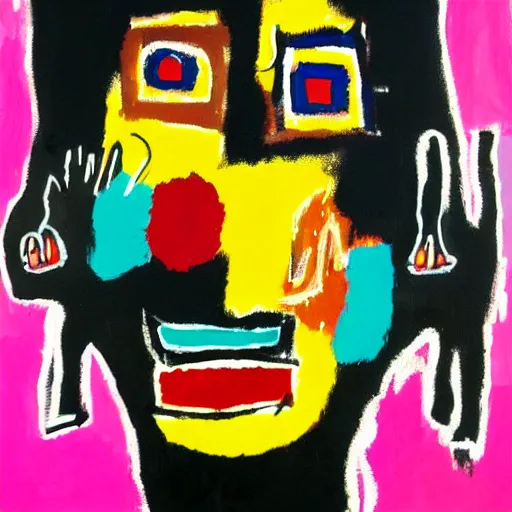 Prompt: basquiat style painting of a girl with hand over face