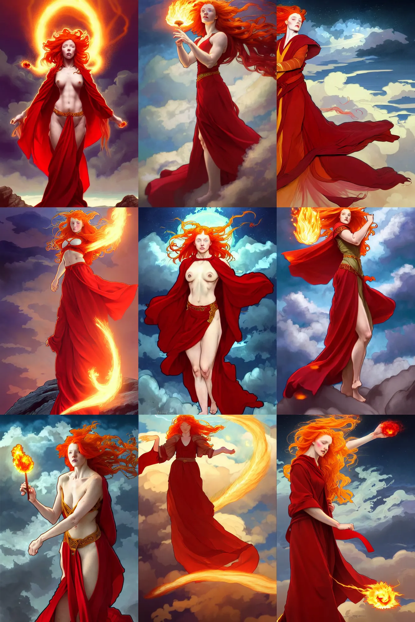 Prompt: a beautiful mage casting a fireball, ginger hair with freckles inspired by annie, wearing long flowing red robes blowing in the wind inspired by alphonse mucha, standing on a mountain top, epic clouds and godlike lighting, intricate illustration and highly detailed digital painting. concept art by artgerm. inspired by brom art and larry elmore.