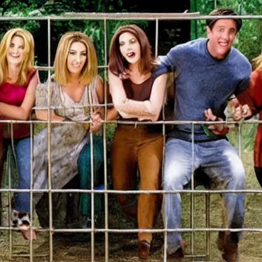 Prompt: photo of the cast of friends trapped in a cage surrounded by tigers