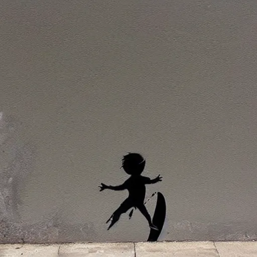 Prompt: a surfing baby painted by banksy