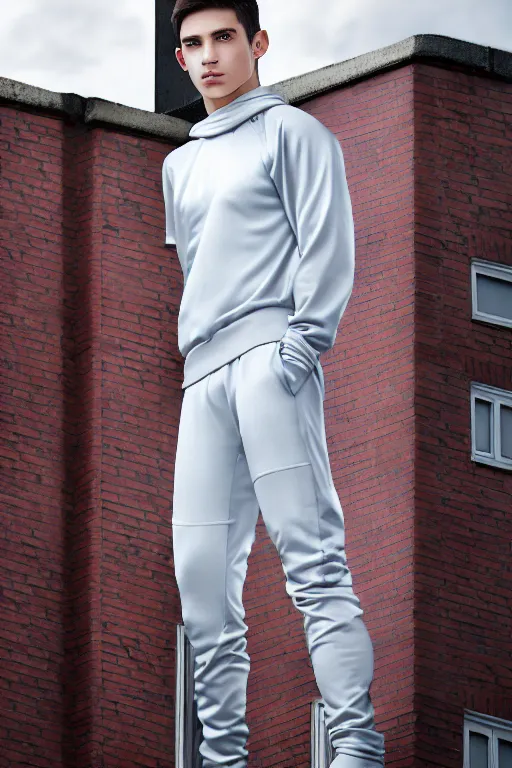 Image similar to un ultra high definition studio quality photographic art portrait of a young man standing on the rooftop of a british apartment building wearing soft padded silver pearlescent clothing. three point light. extremely detailed. golden ratio, ray tracing, volumetric light, shallow depth of field. set dressed.