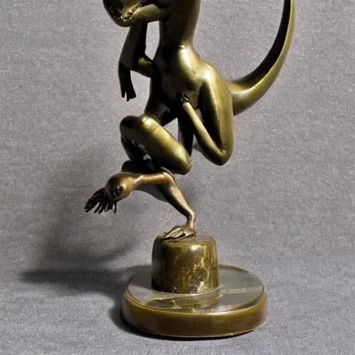 Prompt: antique 1930s France art deco. bronze figurine of a dinosaur dancing. on marble base. by Briand Marcel Bouraine. 30cm. high detail photograph. studio