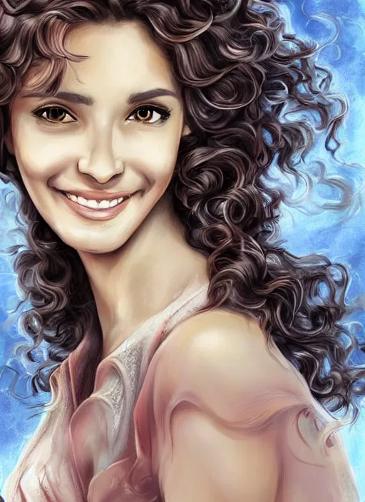 Image similar to beautiful female angel, brunette with big smile and curly hairstyle, looks like Ebru Şahin, Reyyan, looks like Fabiula Nascimento, looks like Laura Barriales, looks like Julia Roberts, D&D, fantasy, intricate, elegant, highly detailed, digital painting, artstation, concept art, character design, smooth, sharp focus, illustration, art by artgerm and greg rutkowski and alphonse mucha