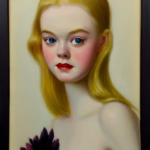 Prompt: Painting of Elle Fanning in a 60s ad, long blonde hair, delicate, pale milky white porcelain skin, by Edward Hopper. 8K. Extremely detailed.