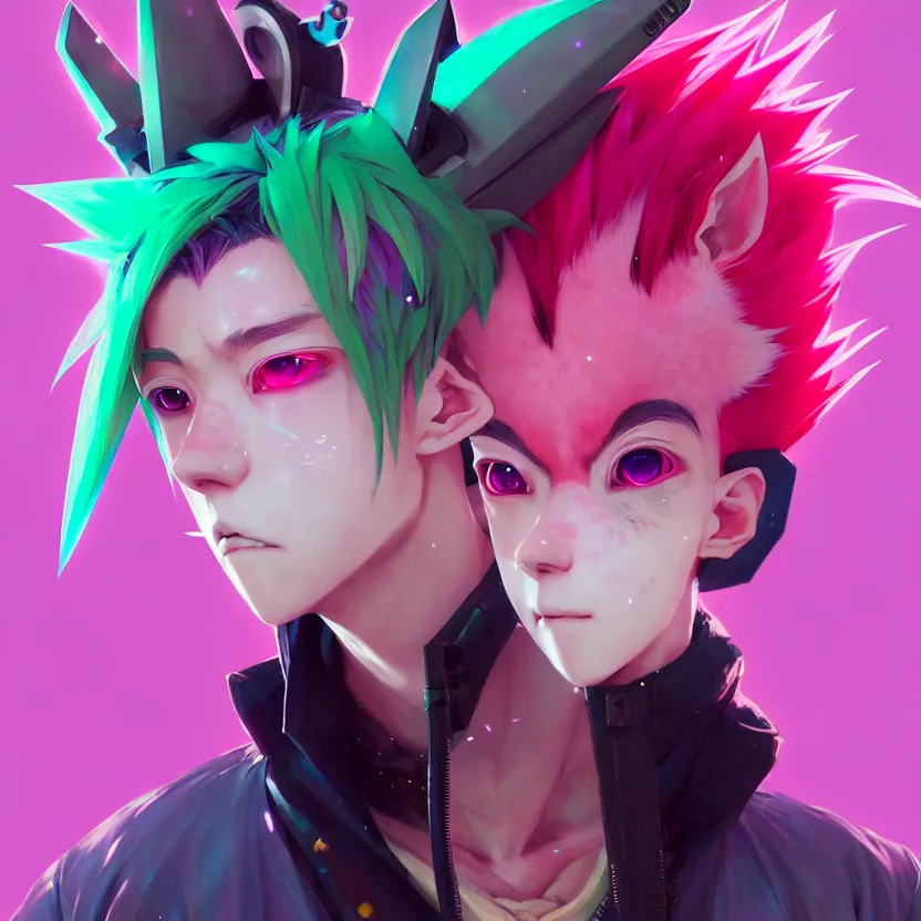 Image similar to a beautiful portrait of a handsome anime male boy with pink hair and pink wolf ears and green eyes wearing cyberpunk clothes. character design by cory loftis, fenghua zhong, ryohei hase, ismail inceoglu and ruan jia. artstation, volumetric light, detailed, photorealistic, fantasy, rendered in octane